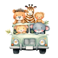 ai generiert süß wenig Safari Tiere im Auto Aquarell Clip Art Illustration png