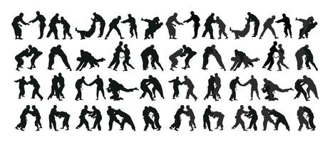 Judoist, judoka, athlete duel, fight, judo, sport figure silhouette outline vector