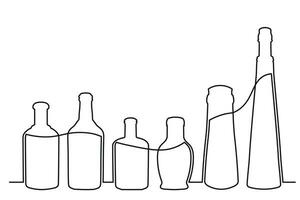 Sketch drawing of a bottle of different shapes in the style of one solid continuous line. Collection of alcoholic drinks vector