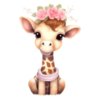 ai generato carino giraffa fiori San Valentino acquerello clipart illustrazione png