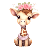 ai genererad söt giraff blommor valentine vattenfärg ClipArt illustration png