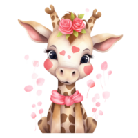 ai généré mignonne girafe fleurs Valentin aquarelle clipart illustration png