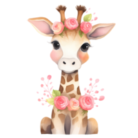 ai generato carino giraffa fiori San Valentino acquerello clipart illustrazione png