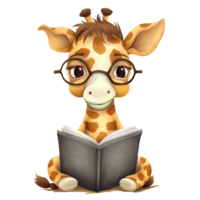 ai generato carino giraffa lettura libro acquerello clipart illustrazione png