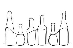 Sketch drawing of a bottle of different shapes in the style of one solid continuous line. Collection of alcoholic drinks vector