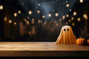 AI generated Halloween holiday background with empty wooden table and ghost. Mock up photo