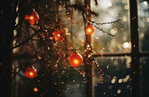 AI generated Vintage Christmas lights on the window with bokeh background. photo