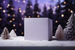 AI generated Mockup of white paper box in winter forest. Christmas background. photo