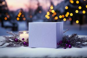 AI generated Gift box with purple bow on snow and bokeh background photo