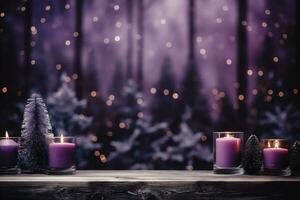 AI generated Christmas background with candles and fir branches on a wooden table. Copy space. photo