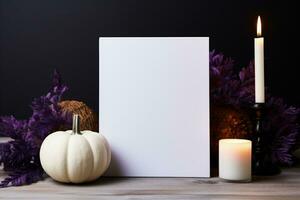 AI generated Blank sheet of paper with pumpkins and candles on wooden table photo