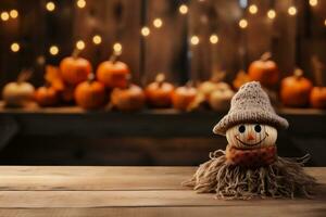 ai generado Víspera de Todos los Santos calabaza decoración en de madera mesa en frente de bokeh luces foto