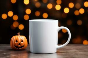 AI generated Cup of coffee and pumpkin on table against blurred lights, Halloween concept photo