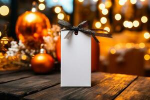 ai generado blanco regalo etiqueta con Navidad decoraciones en de madera mesa en frente de bokeh luces foto