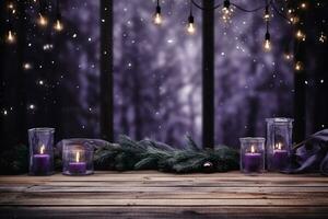 AI generated Christmas background with candles and fir branches on a wooden table. Copy space. photo