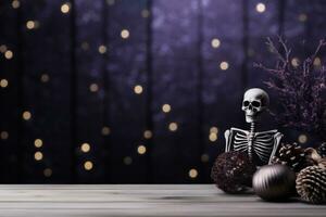 AI generated Halloween decoration on wooden table and bokeh lights background. photo