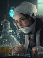 AI generated Attractive blonde scientist working in laboratory. Science, chemistry and technology. photo