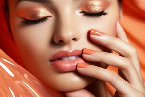 AI generated Close-up portrait of young beautiful woman with bright make-up and peach manicure photo