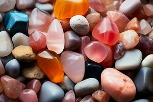 AI generated Colorful stones background. Multicolored pebbles close up. photo