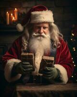 ai generado retrato de Papa Noel claus sentado a el mesa con regalos en su manos. foto