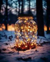 AI generated Christmas lights in a glass jar on the background of a winter forest photo