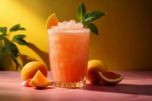AI generated Glass of tasty grapefruit cocktail on color table against yellow background, closeup photo