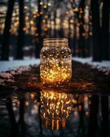 AI generated Christmas lights in a glass jar on the background of a winter forest photo