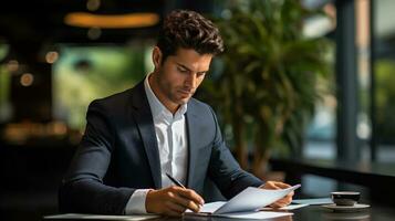 AI generated Handsome young businessman working in a cafe and making notes. photo