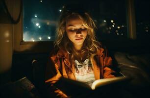 ai generado joven mujer leyendo un libro en el cama a hogar en el noche. foto