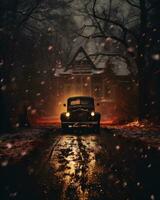 AI generated Vintage car on the road in the winter forest at night. photo