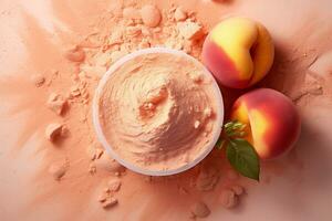 AI generated Bowl with peach fuzz beauty powder on color background, top view photo