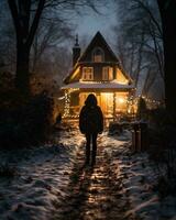 AI generated A boy in a warm coat stands in front of a wooden house on a winter evening. photo