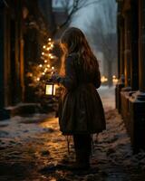 ai generado pequeño niña con un linterna en el ciudad a noche en invierno. foto