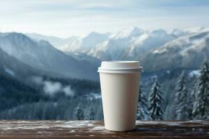 AI generated Coffee cup mockup on wooden table in front of winter mountain landscape photo