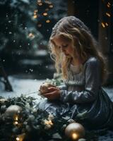 ai generado pequeño niña con Navidad árbol y nieve en el antecedentes a noche foto