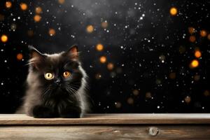 AI generated Persian cat on wooden table against bokeh lights background. Product display mockup photo