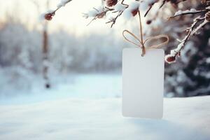 ai generado blanco tarjeta colgando en un rama cubierto con nieve en invierno bosque foto