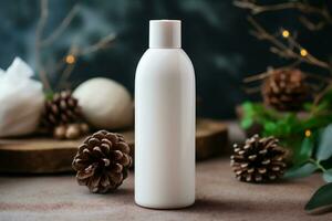 AI generated Mockup of cosmetic product in white bottle with christmas decoration. photo