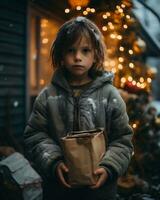 ai generado pequeño chico con un bolso de regalos en el antecedentes de un Navidad árbol foto