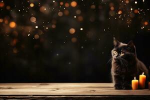 AI generated Cute cat with candles on wooden table and bokeh background. Mockup background photo
