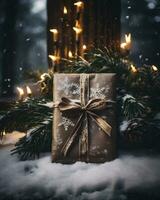 AI generated Gift box on a background of the winter forest. Christmas and New Year holidays concept. photo