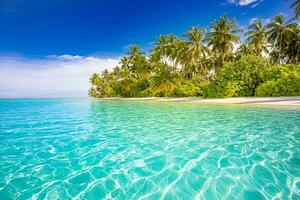 mejor paisaje de playa de verano. isla tropical tranquila, costa paradisíaca, laguna marina, horizonte, palmeras y cielo soleado sobre olas de arena. increíble fondo de paisaje de vacaciones. hermosa playa de vacaciones foto