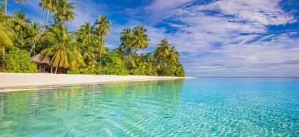 Paradise island beach. Tropical landscape of summer scenery, sea sand sky palm trees. Luxury travel vacation destination. Exotic beach landscape. Amazing nature, relax, freedom nature concept Maldives photo