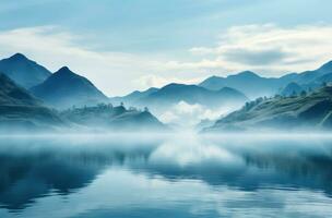 ai generado niebla en un lago y montañas foto