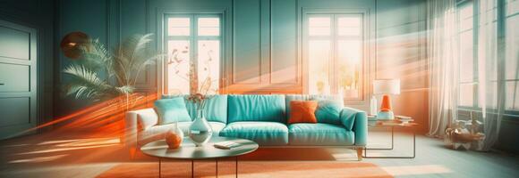AI generated bright living room interior with colorful walls and remodeled interior photo