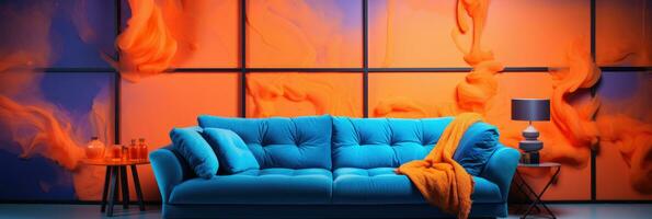 ai generado azul y naranja sofá en el vivo habitación foto