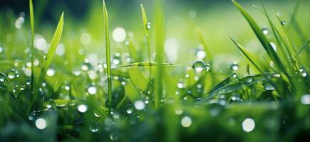 AI generated close up image of morning green grass with water drops photo