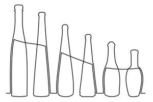 Sketch drawing of a bottle of different shapes in the style of one solid continuous line. Collection of alcoholic drinks vector