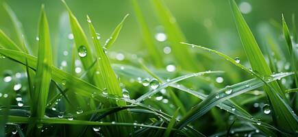 AI generated close up image of morning green grass with water drops photo