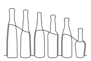 bosquejo dibujo de un botella de diferente formas en el estilo de uno sólido continuo línea. colección de alcohólico bebidas vector